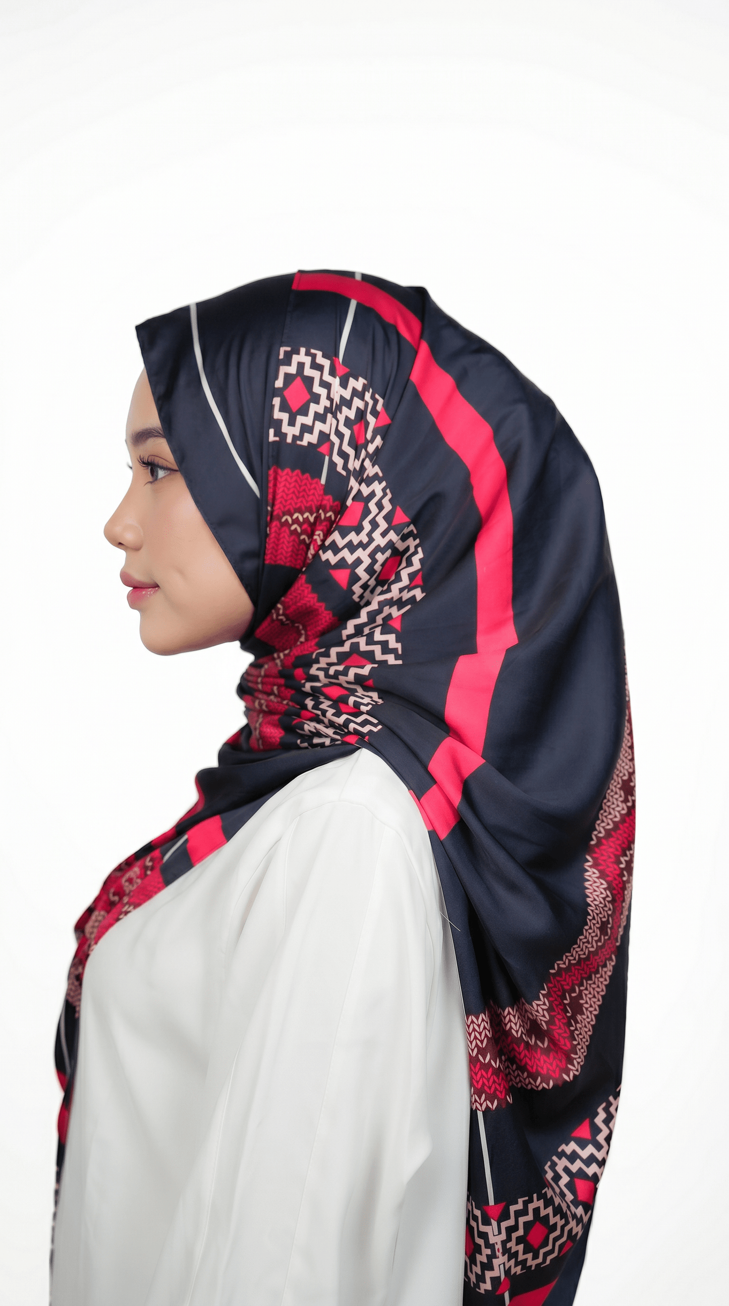 Crimson & Navy Tribal Geometric Satin Shawl - | Nusuki MY