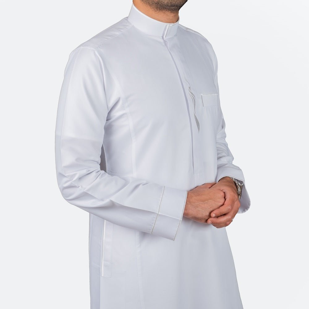 Modern Embroidery Thobe Zipper - White - thobe | Nusuki MY