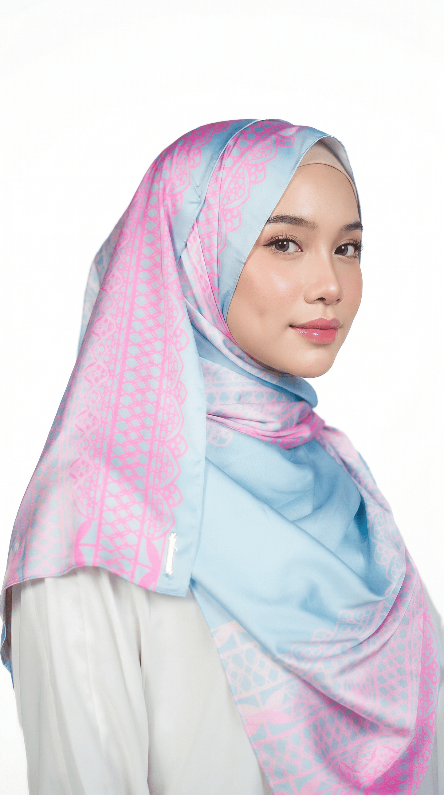 Sky Blue & Pink Lace-Print Satin Shawl - | Nusuki MY