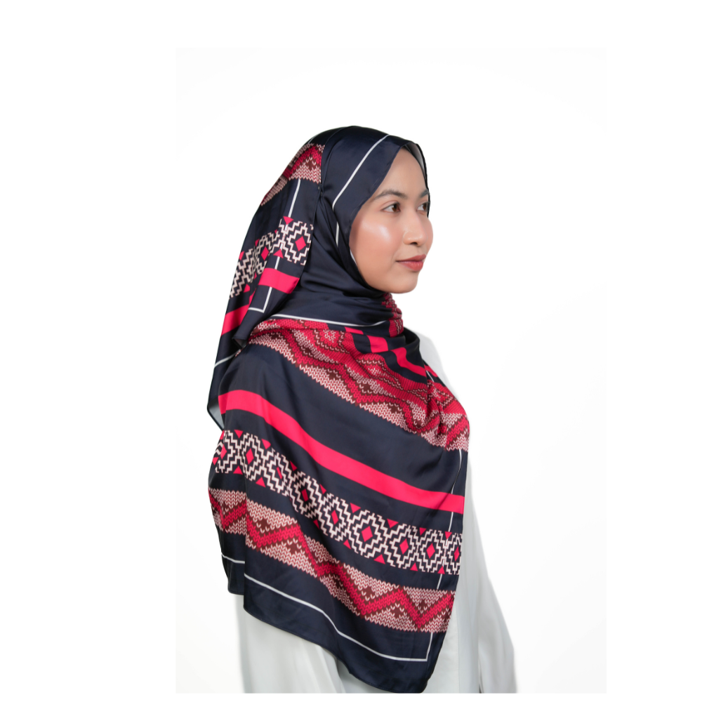 Crimson & Navy Tribal Geometric Satin Shawl