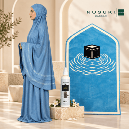 Complete Prayer Set | Joud Al-Turath Prayerwear + Al Kaaba Blue Mat + Al Haram Freshener - | Nusuki MY
