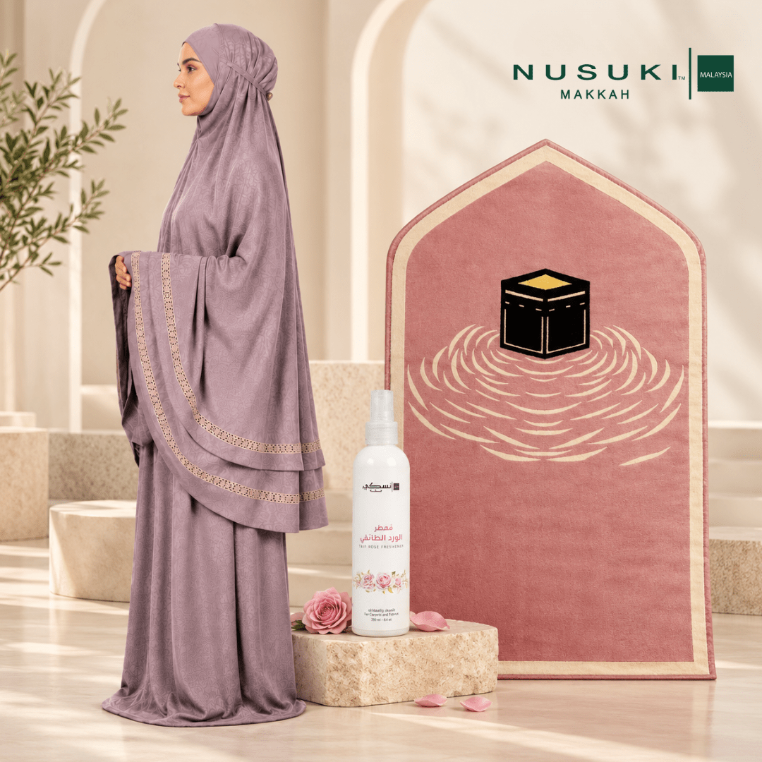 Complete Prayer Set | Joud Al-Turath Prayerwear + Al Kaaba Mat + Taif Rose Freshener. - | Nusuki MY