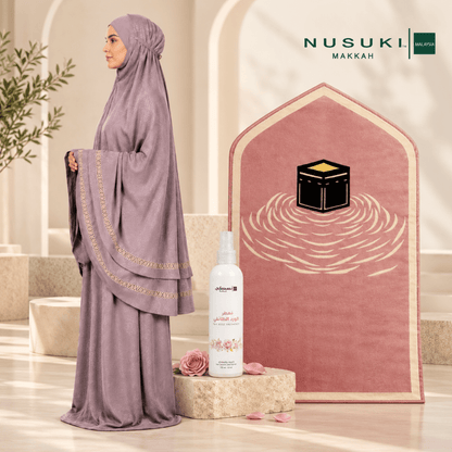 Complete Prayer Set | Joud Al-Turath Prayerwear + Al Kaaba Mat + Taif Rose Freshener. - | Nusuki MY
