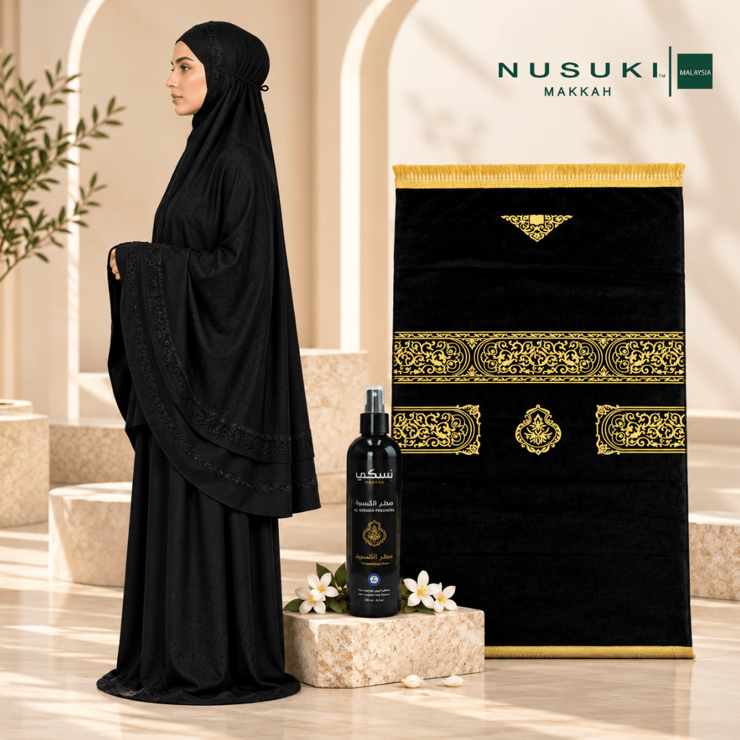 Complete Prayer Set | Joud Al-Turath Prayerwear + Setar Al-Kaabah Black Mat + Al Kiswah Freshener - | Nusuki MY