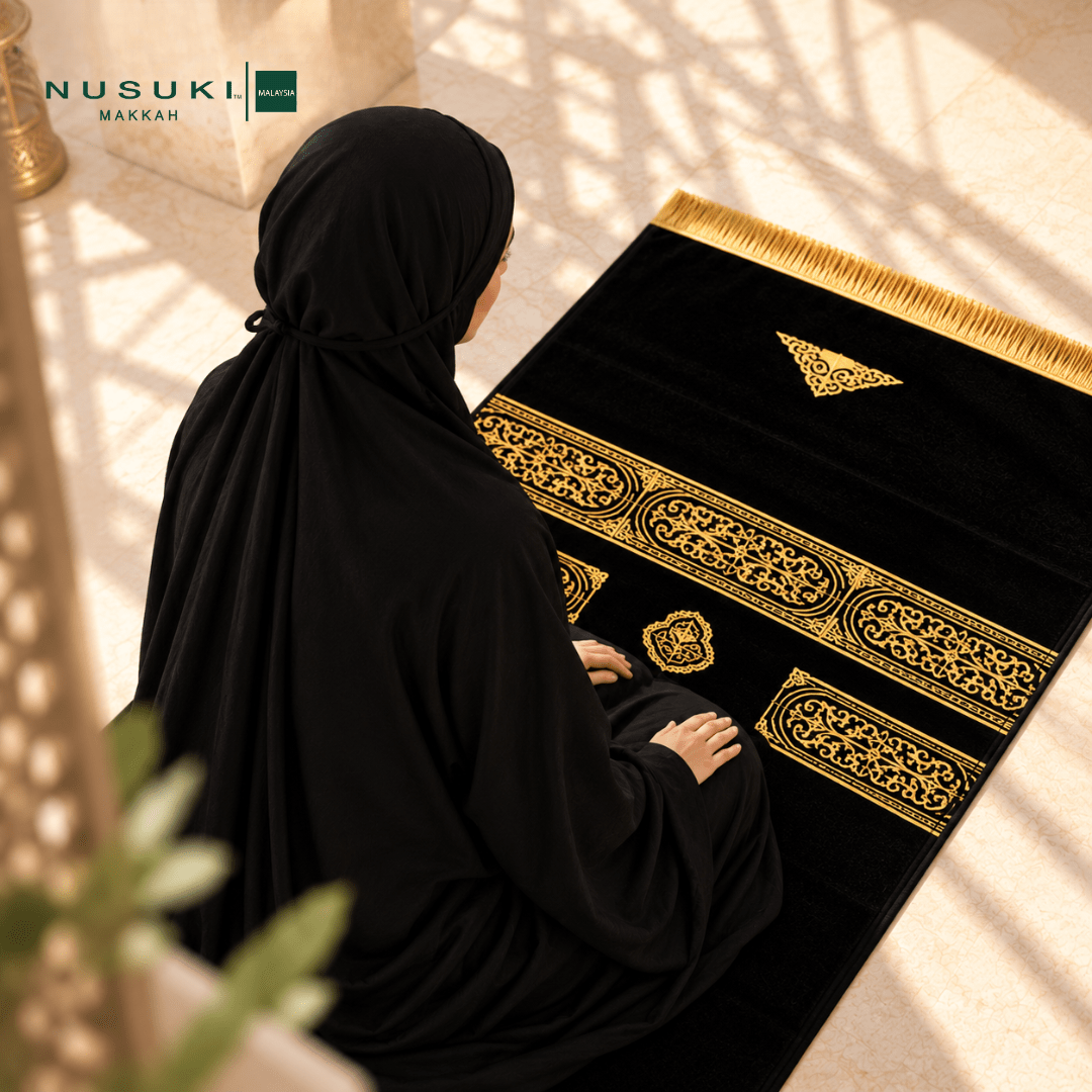 Complete Prayer Set | Joud Al-Turath Prayerwear + Setar Al-Kaabah Black Mat + Al Kiswah Freshener - | Nusuki MY