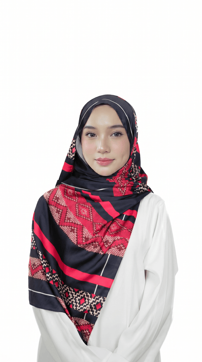 Crimson & Navy Tribal Geometric Satin Shawl - | Nusuki MY