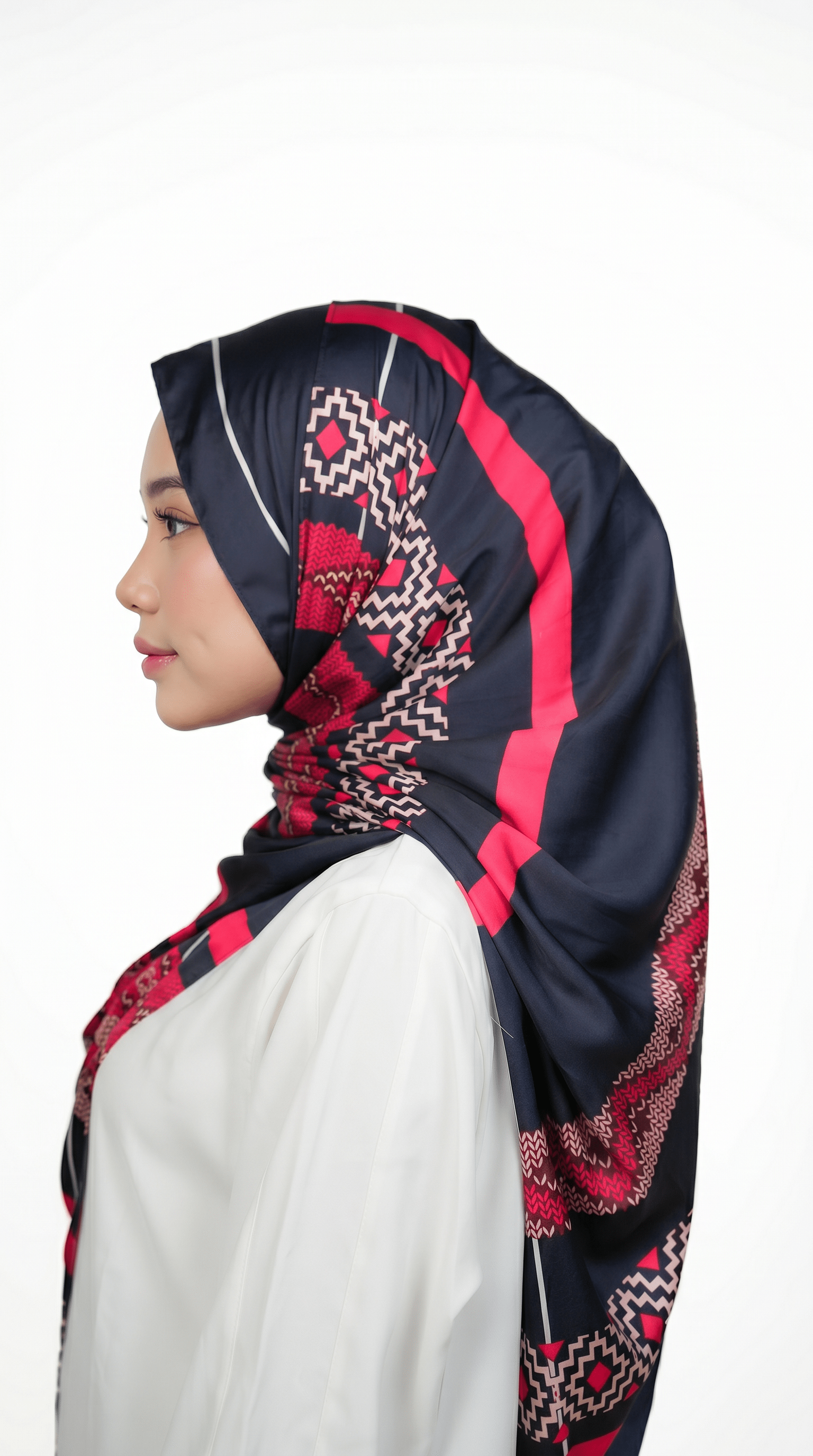 Crimson & Navy Tribal Geometric Satin Shawl - | Nusuki MY