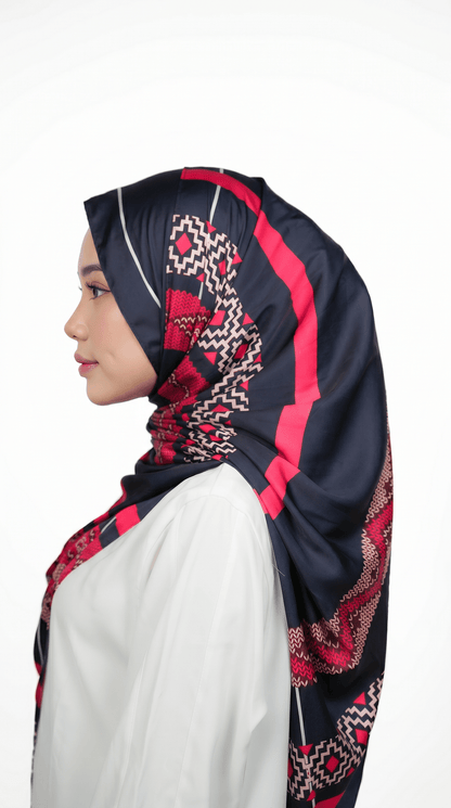 Crimson & Navy Tribal Geometric Satin Shawl - | Nusuki MY