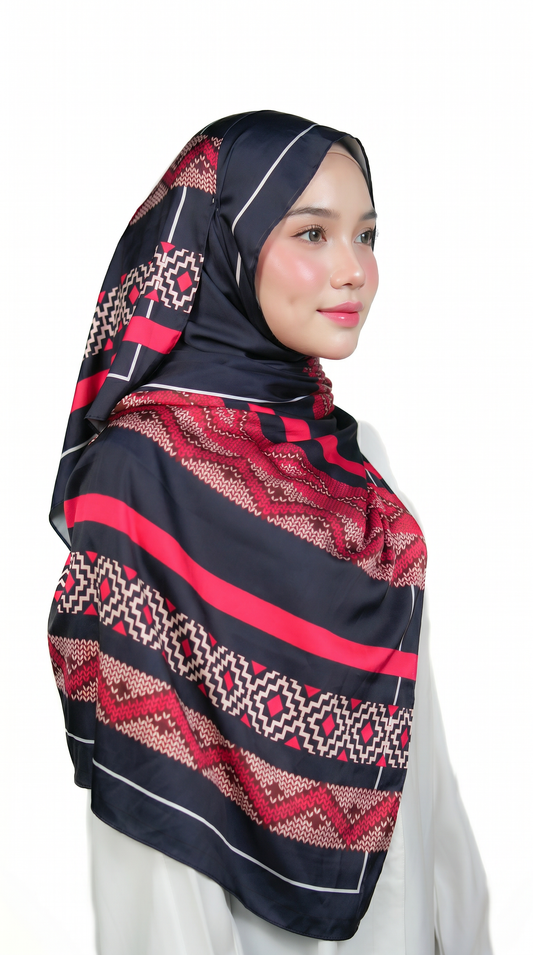 Crimson & Navy Tribal Geometric Satin Shawl