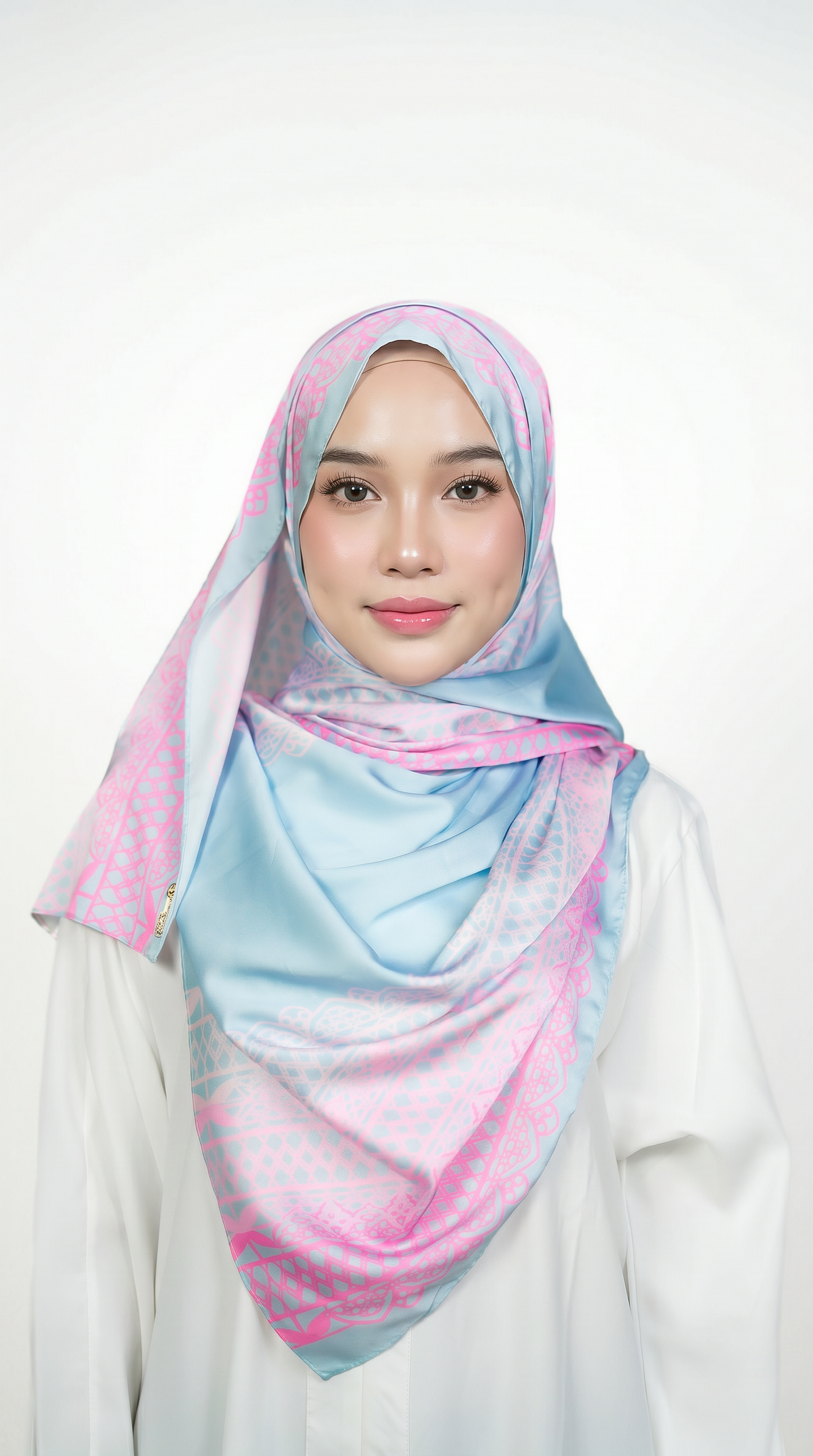 Sky Blue & Pink Lace-Print Satin Shawl