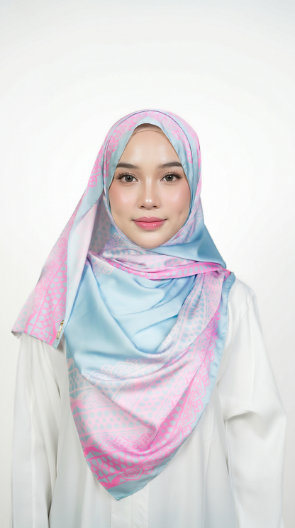 Sky Blue & Pink Lace-Print Satin Shawl