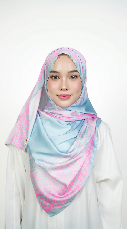 Sky Blue & Pink Lace-Print Satin Shawl