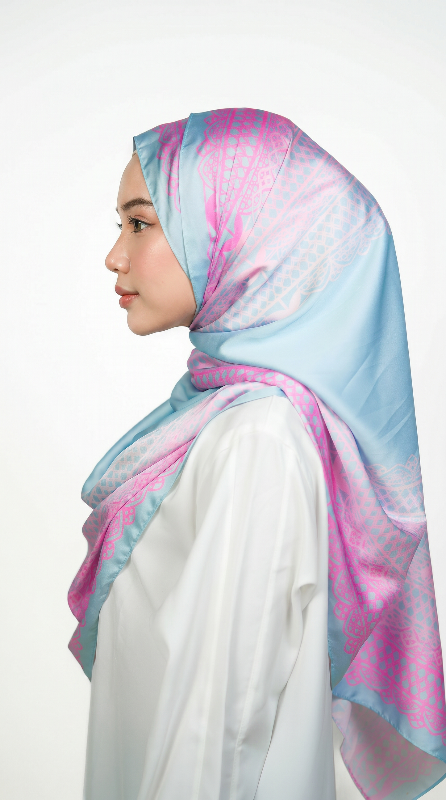 Sky Blue & Pink Lace-Print Satin Shawl