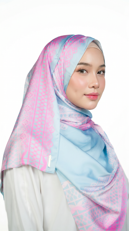 Sky Blue & Pink Lace-Print Satin Shawl