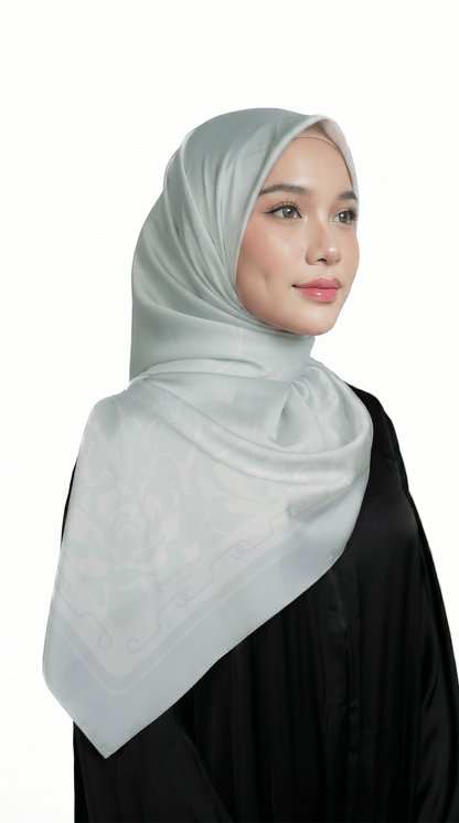 Mint Sage Satin Printed Shawl - | Nusuki MY
