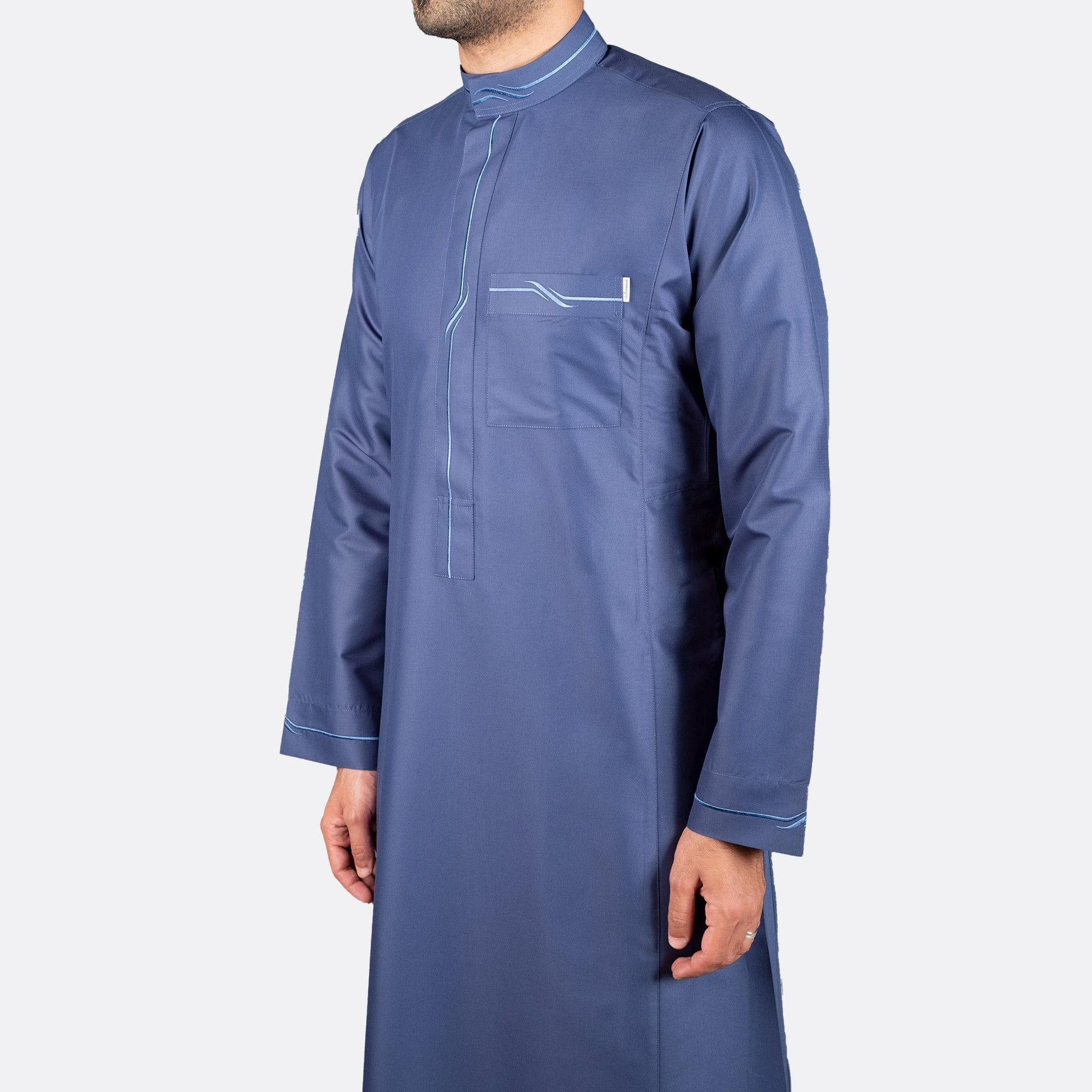 Modern Embroidery Thobe Zipper - Dark Blue - thobe | Nusuki MY