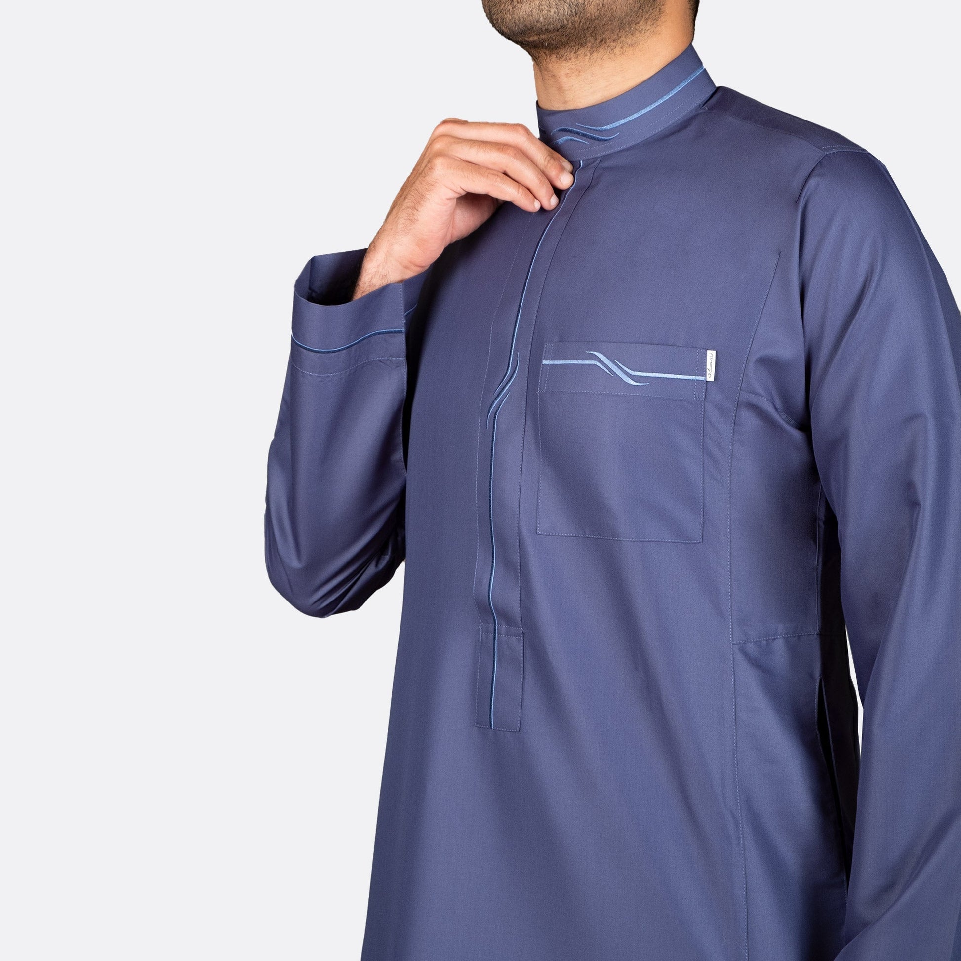 Modern Embroidery Thobe Zipper - Dark Blue - thobe | Nusuki MY