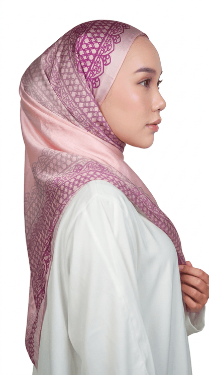 Rose Pink Lace-Print Satin Shawl - | Nusuki MY
