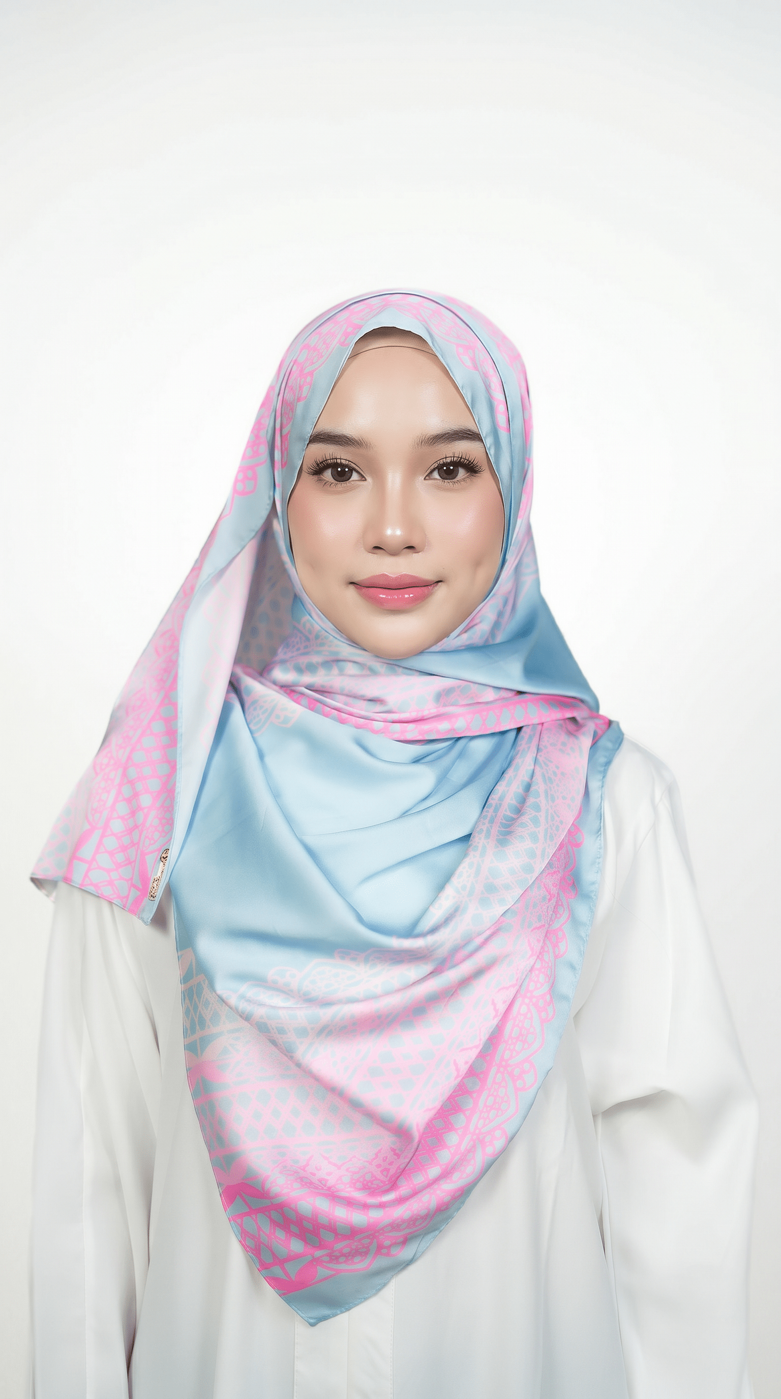 Sky Blue & Pink Lace-Print Satin Shawl - | Nusuki MY