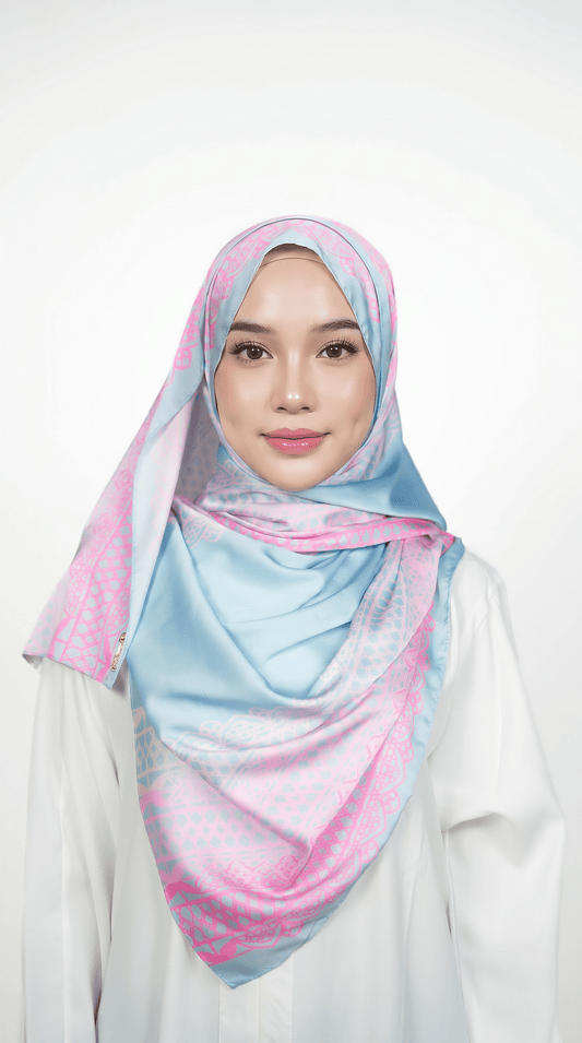 Sky Blue & Pink Lace-Print Satin Shawl - | Nusuki MY
