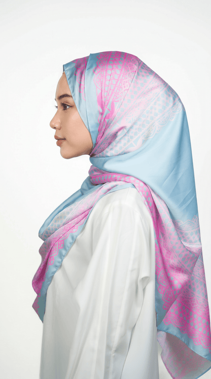 Sky Blue & Pink Lace-Print Satin Shawl - | Nusuki MY